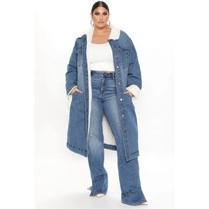 Longline sherpa lined denim coat jacket with zipper cuffs button down size XL